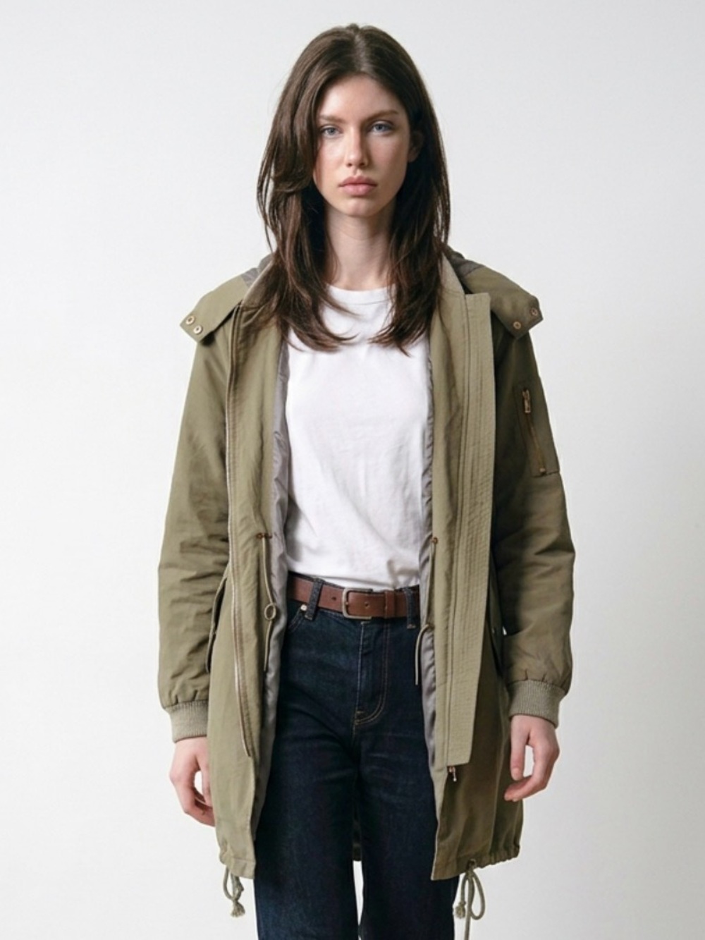 Olive Green/ Khaki Drawstring Hooded Fall Utility Jacket - mid-length - Picture 3 of 11